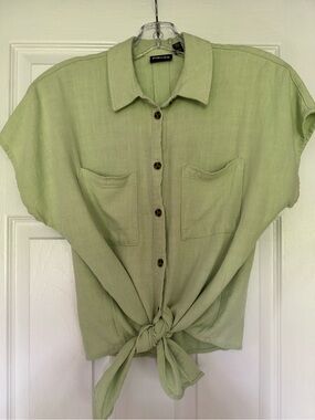 PIECES Viscose Linen Button Up Tie-Front Blouse Pale Green Medium